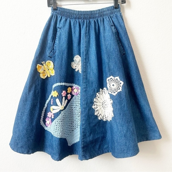 Vintage Separate Pieces Crochet inserts Denim Jean Elastic Waist Circle Skirt M - Picture 1 of 14